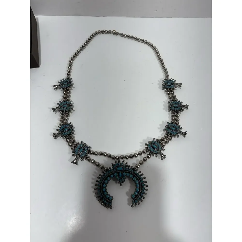 Vintage‎ Native American Squash Blossom Necklace Needlepoint Turquoise Gorgeous!